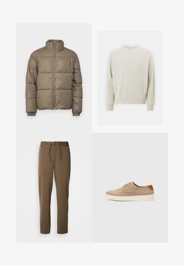 Puffjacka i olivgrön, med hög krage, framdragkedja och elastiska ärmslut. Tyget är slätt med sydda paneler.; Ljust beige sweatshirt i mjukt tyg med rundad halsringning, långa ärmar och ribbade muddarna och nederkant. Minimalistisk design, inga synliga mönster.; Bruna, avsmalnande sweatpants med elastiskt midjeband och dragsko. Mjuk, slät textur med sidofickor och en enkel design.; Beige mockasinsneakers med rund tå, snörning fram och texturerad bakaxel. Vit gummisula ger kontrast. Enkelt och modernt design.