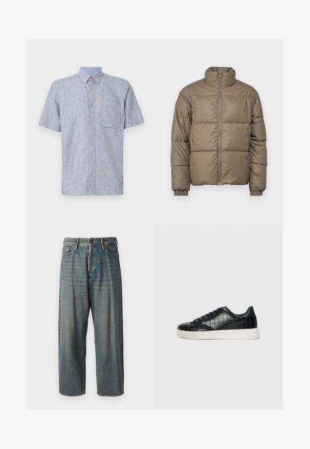 Puffer jacket in olive green, featuring a high collar, front zipper, and elastic cuffs. The fabric is smooth with stitched panels.; Short-sleeve button-up shirt in light blue and white striped fabric, featuring a chest pocket and brown buttons. Textured, casual design.; Light blue denim jeans with a loose fit, mid-rise waist, and straight legs. Features five pockets, belt loops, and a button closure.; Black sneakers featuring a textured croc-embossed leather upper, rounded toe, and a contrasting white rubber sole with a smooth finish.