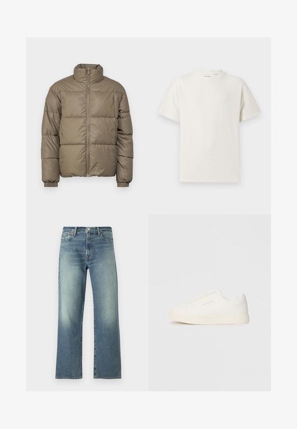 Jaka-pufis olīvzaļā krāsā ar augstu apkakli, priekšējo rāvējslēdzēju un elastīgām aprocēm. Audums ir gluds ar izšūtiem paneļiem.; Balta krūštura īsām piedurknēm ar ribota auduma faktūru. Apaļš kakla izgriezums, brīvs griezums, bez redzamām rakstām vai akcentiem. Vienkāršs un daudzpusīgs dizains.; Abercrombie & Fitch Baggy Jean - Plati džinsi - lagoon blue; Baltas slip-on sporta apavi ar teksturētu virsmu, biezu zoli un minimālistisku dizainu. Sānos redzams zīmola logotips.