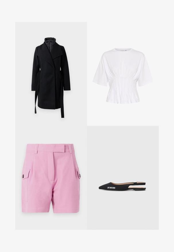 Casaco preto em mistura de lã com design envolvente, apresentando um colarinho acolchoado, mangas longas e laços laterais para um ajuste ajustável. Textura suave, sem padrão.; Top branco de manga curta feito de tecido suave, com um decote redondo e detalhes franzidos na cintura para um look ajustado.; Calções rosa claro com um design ajustado, frente plana, bolsos laterais com fechos de botão e uma textura de tecido suave.; Sapatilhas slingback pretas com biqueira pontiaguda, feitas de material suave. Apresentam a marcação em branco "LOVE MOSCHINO" e um design minimalista.