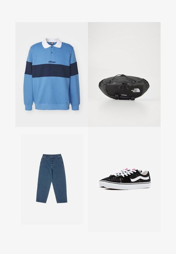 Svart fleecejakke med høy krage, hel frontglidelås og brystlomme. Har en teksturert, myk overflate og logo på lommen.; Ellesse CIVARO - Sweatshirt - blue/navy; Blå denim jeans med en avslappet passform, høy midje, femlommesdesign og sømdetaljer. Har en knapp- og glidelås-lukking.; Sorte mokkasiner i ruskinn med hvite snørelisser, med en fremtredende hvit sidestripe og svart gummisåle, som viser kontraststingedetaljer.; The North Face TERRA LUMBAR 3L UNISEX - Rumpetaske - asphalt grey/black