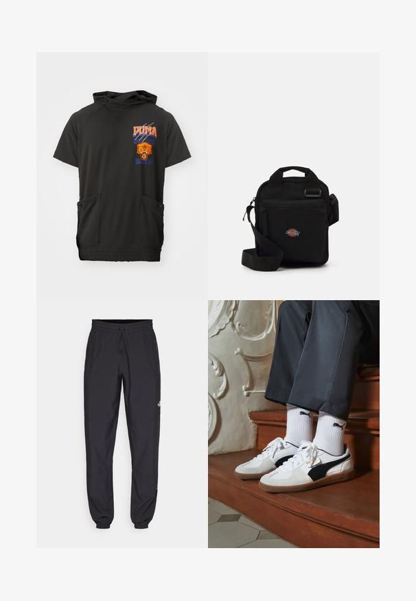 Schwarze Fleecejacke mit hohem Kragen, durchgehendem Reißverschluss und einer Brusttasche. Verfügt über eine strukturierte, weiche Oberfläche und ein Logo auf der Tasche.; Schwarzer kurzärmeliger Hoodie mit hohem Kragen, ausgestattet mit orangefarbenen und blauen Grafiken, einem Löwenkopf und zwei vorderen Reißverschlusstaschen.; Schwarze Sporthosen aus leichtem Stoff, mit einem Kordelzugbund, seitlichen Taschen und schmal zulaufenden Bündchen an den Knöcheln.; Puma-Sneaker aus weißem und schwarzem Wildleder mit einer braunen Gummisohle. Kombiniert mit weißen Socken, die ein schwarzes Logo zeigen, getragen zu dunklen Hosen.; Schwarze Umhängetasche mit einem Reißverschlussfach, rechteckiger Form, aus Stoff gefertigt, mit einem Logo-Patch auf der Vorderseite und verstellbarem Schultergurt.