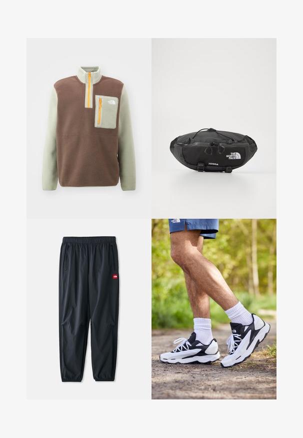 Svart fleecejacka med hög krage, fullständig dragkedja fram och bröstficka. Har en strukturerad, mjuk yta och logotyp på fickan.; The North Face M YUMIORI 1/4 ZIP - Fleecetröja - smokey brown/clay grey/summit gold; Svarta lätta byxor i syntet material, med elastisk midja, dragkedjefickor på sidorna och en liten röd logotyp.; Svartvita träningsskor med mesh-överkappa, texturerade detaljer och vita snören. Bärs med vita ankelsockar och marinblå shorts på en stig.; The North Face TERRA LUMBAR 3L UNISEX - Bältesväska - asphalt grey/black