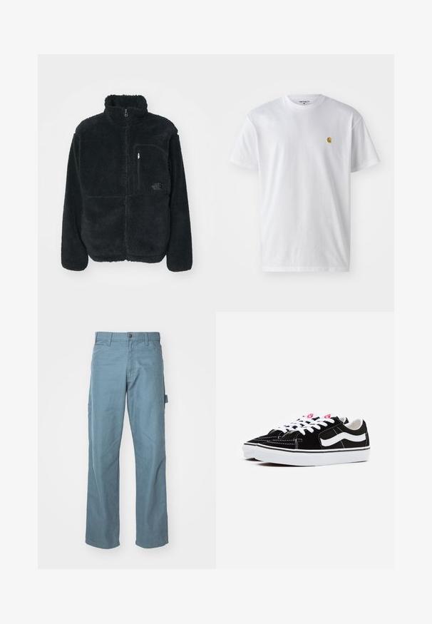 Schwarze Fleecejacke mit hohem Kragen, durchgehendem Reißverschluss und einer Brusttasche. Verfügt über eine strukturierte, weiche Oberfläche und ein Logo auf der Tasche.; Weißes Baumwoll-T-Shirt mit kurzen Ärmeln, Rundhalsausschnitt, mit einem kleinen goldenen Logo im linken Brustbereich. Weicher Stoff und normale Passform.; Hellblaue Baumwoll-Cargohosen mit geradem Bein, zwei Seitentaschen und einer Schlaufe am Bund für zusätzlichen Nutzen.; Schwarze Wildleder-Sneaker mit weißen Schnürsenkeln, die einen auffälligen weißen Seitenstreifen und eine schwarze Gummisohle aufweisen, mit kontrastierenden Nähdetails.