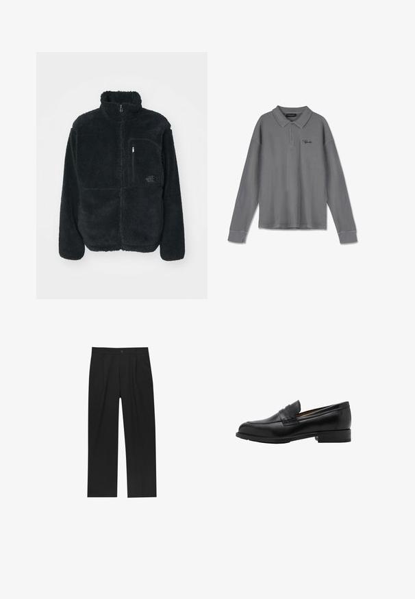 Sort fleecejakke med høj krave, fuld frontlynlås og brystlomme. Har en tekstureret, blød overflade og logo på lommen.; Langærmet polo shirt i stribet gråt stof. Har en krave, tre-knaps placket og subtil sort branding på brystet.; Sorte bukser med lige ben, lavet af et glat stof. Har frontfolder og en enkelt knaplukning i taljen.; Sorte læder loafers med en syet front og flad hæl. Glat tekstur med en afrundet tå og en dekorativ rem hen over vristen.
