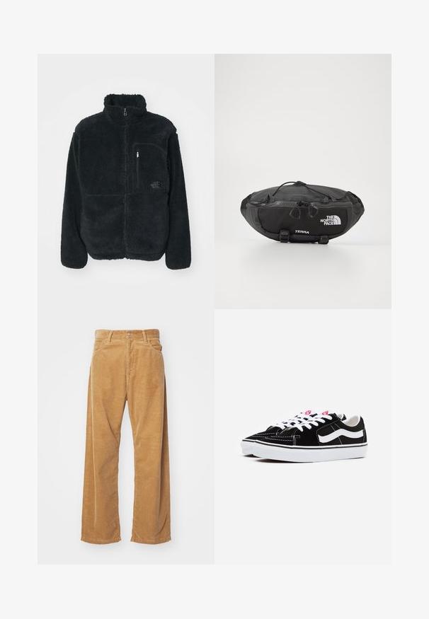 Schwarze Fleecejacke mit hohem Kragen, durchgehendem Reißverschluss und einer Brusttasche. Verfügt über eine strukturierte, weiche Oberfläche und ein Logo auf der Tasche.; Langarm-Polohemd aus gestreiftem grauem Stoff. Verfügt über einen Kragen, eine Drei-Knopf-Leiste und dezente schwarze Markenkennzeichnung auf der Brust.; Corduroy-Hosen mit weitem Bein in einer beige Farbe. Mit strukturierten, vertikalen Rillen, einem Standardbund und zwei vorderen Taschen ausgestattet.; Schwarze Wildleder-Sneaker mit weißen Schnürsenkeln, die einen auffälligen weißen Seitenstreifen und eine schwarze Gummisohle aufweisen, mit kontrastierenden Nähdetails.; The North Face TERRA LUMBAR 3L UNISEX - Gürteltasche - asphalt grey/black