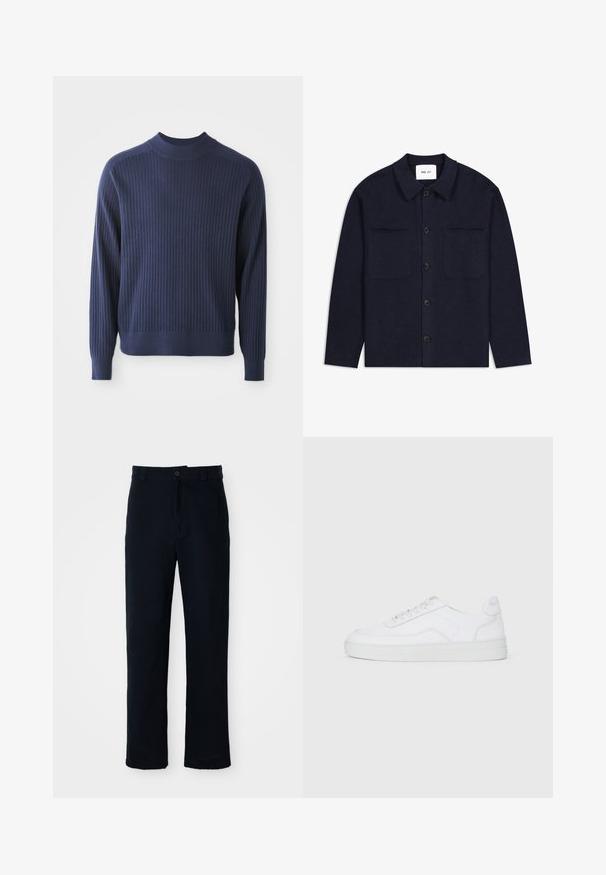 Marineblå ullskjortejakke med krage, frontknappelukking, to brystlommer og lange ermer. Teksturet stoff med minimalt design.; Marineblå ribbestrikket genser med høy hals, lange ermer og en tettsittende hem; teksturert stoff gir dybde.; Navyblå bukser laget av bomull, med rett ben-design, frontlukking med knapp og klassisk midje med beltehanker.; Hvit lav ankel sneaker med snøring, glatt overdel og gummisåle på en enkel lys bakgrunn.
