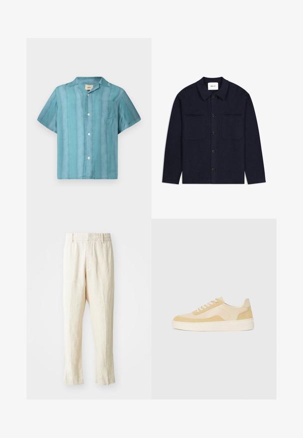 Tamsiai mėlynas vilnonis marškinėlių švarkas su apykakle, priekinis mygtukų užsegimas, dvi krūtinės kišenės ir ilgomis rankovėmis. Audinys su tekstūra, minimalizmo dizainas.; Trumpos rankovės mygtukų marškiniai gradientinėse žalios spalvos atspalviuose su krūtinės kišene ir plačiu apykakle, demonstruojami prieš baltą foną.; Šviesiai rudos lino kelnės, laisvo kirpimo, siaurėjančiomis kojomis ir lygia priekiu. Savybės: elastinga juosmens juosta patogumui ir minimalus siūlų apdaila.; Šviesiai geltoni zomšiniai ir odiniai sportbačiai, turintys paminkštintą pado ir siuvinėtus akcentus. Klasikinis raištelių modelis su apvaliu pirštu.