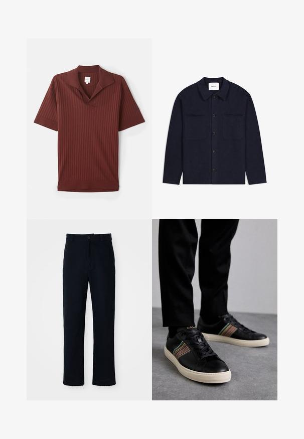 Jachetă cămașă din lână bleumarin, cu guler, închidere frontală cu nasturi, două buzunare pe piept și mâneci lungi. Material texturat cu un design minimal.; Cămașă polo burgundy cu textură ribbed, mâneci scurte, guler ascuțit și un mic logo albastru pe mâneca stângă.; Pantaloni bleumarin din bumbac, cu un design drept, închidere frontală cu nasture și talie clasică cu bucle pentru curea.; Adidași din piele neagră cu accente multicolore în dungi, vârf rotund și tălpi din cauciuc alb, având un design cu șireturi și branding embosat.