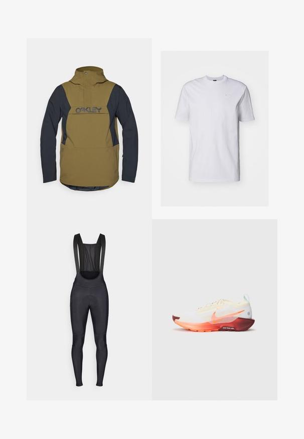 Alyvuogių ir tamsiai mėlyna vėjui atspari striukė su aukštu apykakliniu, dideliu priekiniu kišenėliu ir ryškiu juodu logotipu. Pabrėžia elegantišką, aerodinamišką dizainą.; Balta medvilninė marškinėliai trumpomis rankovėmis ir apvaliu kaklu. Priekyje mažas, subtilus šviesiai mėlynas logotipas. Lygus paviršius.; Juodi dviratininkų šortai su petnešomis, turintys tinklinį nugaros panelį ir paminkštintą sėdynės dalį, užtikrinančią komfortą važiuojant.; Nike Performance REACTX PEGASUS 5 GTX - Bėgimo bateliai, skirti nelygiam paviršiui - sail/hyper crimson/glacier blue/dark team red/silt red