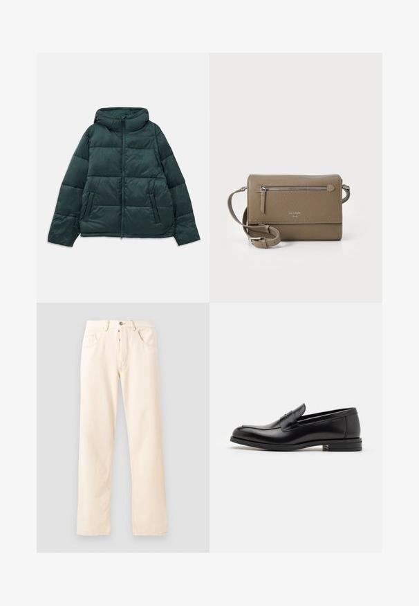 Chaqueta de plumas verde oscuro con capucha, cremallera frontal, dos bolsillos laterales y un sutil logo bordado en el pecho, extendida sobre un fondo blanco.; Camiseta de manga corta marrón oscuro con cuello redondo y un pequeño parche de logo negro y blanco en la parte superior izquierda del pecho.; Jeans de mezclilla beige claro con un diseño de pierna recta, cinco bolsillos y cierre delantero de botón. Costuras visibles a lo largo de las costuras.; Mocasines de cuero negro con una textura suave, puntera redondeada y una tira decorativa en el empeine. Tacón bajo apilado, diseño minimalista.; Bolso cruzado de cuero topo con un bolsillo frontal con cremallera, correa ajustable, textura de grano y logotipo en relieve en la parte delantera.