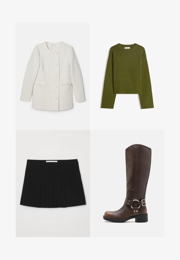 Doppelreihiger weißer Mantel aus strukturiertem Stoff, mit rundem Kragen und zwei Fronttaschen, die dekorative Knopfakzente aufweist.; Olivgrüner Strickpullover mit Rundhalsausschnitt, langen Ärmeln und geripptem Saum. Verfügt über ein kurzes Design mit einer weichen, strukturierten Oberfläche.; Schwarzer plissierter Rock mit einem glatten Bund. Hergestellt aus einem leichten Stoff, der vertikale Falten aufweist, die Textur und Detail hinzufügen.; Braune Leder-Knöchelstiefel mit einer runden, metallischen Akzent und Schnalle. Leicht strukturierte Oberschicht, gestapelter Absatz und runde Zehenform.