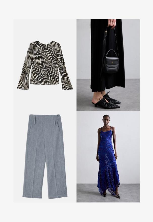 Doppelreihiger weißer Mantel aus strukturiertem Stoff, mit rundem Kragen und zwei Fronttaschen, die dekorative Knopfakzente aufweist.; Langärmliges Oberteil mit einem cremefarbenen und schwarzen Zebramuster, Rundhalsausschnitt, glattem Stoff und ausgestellt geschnittenen Ärmeln.; Hellgraue, weit geschnittene Hosen aus strukturiertem Stoff, mit zwei vorderen Falten und zwei Seitentaschen. Sauberes, maßgeschneidertes Design.; Maxikleid im blauen und lila Tiermuster mit dünnen Trägern, einem taillierten Oberteil, ausgestelltem Saum und transparenten Überlagerungen.; Kleine schwarze Ledertasche mit runder Form, Obergriff und abnehmbarem Riemen. Getragen zu einem schwarzen Stoffkleid und schwarzen plissierten Schuhen.