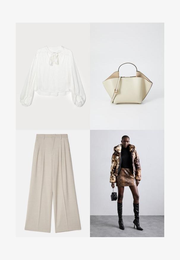 Double-breasted white coat with a textured fabric, round collar, and two front pockets, featuring decorative button accents.; White blouse with a round neckline and a tied bow detail. Features long, puffed sleeves with gathered cuffs and a loose fit. Soft, lightweight fabric.; Beige wide-leg trousers with a smooth texture, featuring front pleats, a flat waistband, and a tailored design for a loose fit.; Puffer jacket with a brown and black pattern, paired with a brown snake print mini skirt, black knee-high boots, and a small black bag.; Ree Projects ANN - Handbag - beige