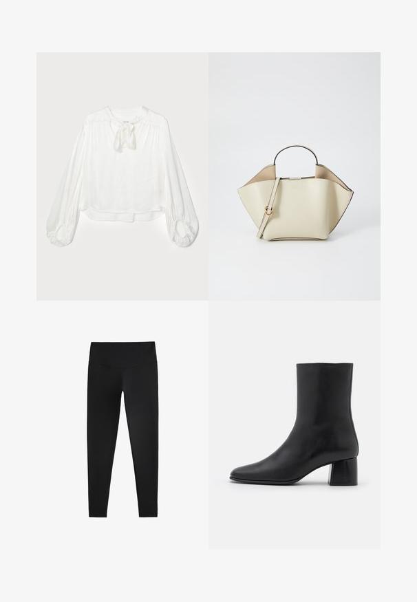 Double-breasted white coat with a textured fabric, round collar, and two front pockets, featuring decorative button accents.; White blouse with a round neckline and a tied bow detail. Features long, puffed sleeves with gathered cuffs and a loose fit. Soft, lightweight fabric.; Black leggings made from stretchy fabric, featuring a high waistband and a smooth texture, designed for comfort and flexibility.; Black leather ankle boot with a pointed toe and a chunky square heel. Smooth texture with a seamless design and minimalistic stitching.; Ree Projects ANN - Handbag - beige
