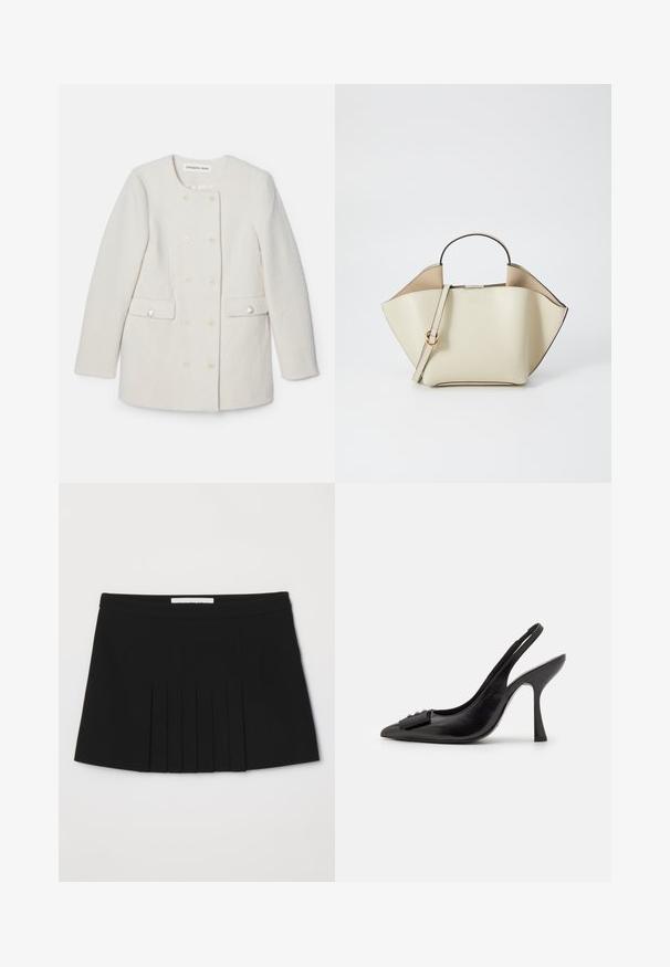 Dobbeltbrystet hvid frakke i struktureret stof, rund krave og to forlommer med dekorative knapdetaljer.; Sort langærmet T-shirt lavet af blød stof. Har en bred rund halsudskæring og en løs pasform med lige kant. Ingen synlige mønstre eller detaljer.; Sort plisseret nederdel med en jævn talje. Lavet af et letvægtsstof, med lodrette plisseringer, der tilføjer tekstur og detaljer.; Sorte lædersandal med spids tå, slank høj hæl og dekorativ sløjfeaccent. Glat tekstur og strømlinet design.; Ree Projects ANN - Håndtasker - beige
