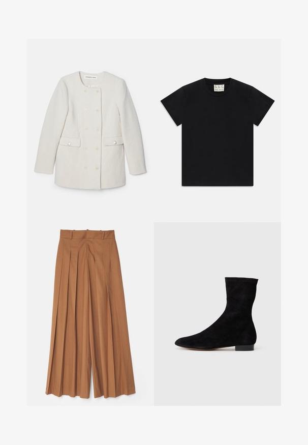 Dvojno zakopčan bel plašč iz teksturirane tkanine, okrogel ovratnik in dve sprednji žepki, s dekorativnimi gumbi.; Črna kratka majica s kratkimi rokavi in krožnim izrezom, z belim etiketom znotraj ovratnika, označenim z "D.R.C. EST. 2002", na belem ozadju.; Alice + Olivia SIMON WIDE LEG TROUSER - Hlače - camel; Črne semiš gležnjarje z oblikovanim zgornjim delom, koničastim nosom in nizko blok peto. Gladka textura in minimalističen dizajn, primerna za vsestransko stiliziranje.