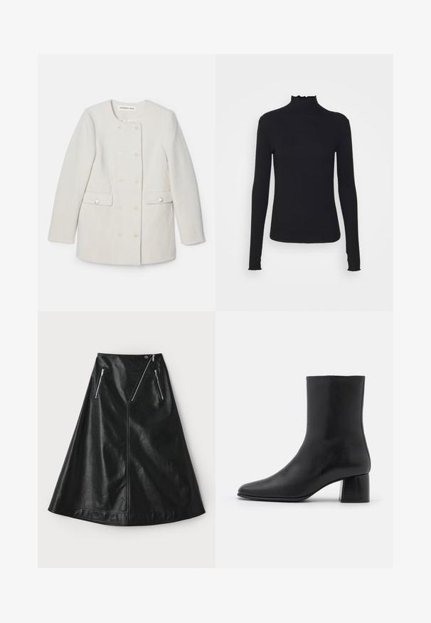 Dvojí zapínání bílý kabát s texturovanou látkou, kulatý límec a dvě přední kapsy, se zdobnými knoflíkovými detaily.; Černý dlouhý rukáv rolák vyrobený z hladkého materiálu, s volánkovým límcem a přiléhavým střihem s jednoduchými okraji.; Černá kožená sukně ve tvaru A s mírně lesklou texturou, která má dvě asymetrické zipové kapsy a zapínání na patent v pase.; Černé kožené kotníkové boty s špičatou špičkou a robustním čtvercovým podpatek. Hladká textura s bezšvovým designem a minimalistickým prošíváním.