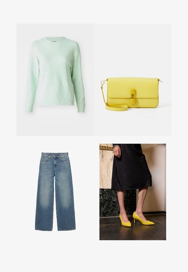 Červený kabát z vlněné směsi s klopovým límcem, dvouřadým zapínáním, dvěma předními kapsami a dlouhými rukávy. Hladká textura a přiléhavý střih.; Svetle zelený, dlouhý svetr s kulatým výstřihem. Měkká textura s žebrovanými manžetami a spodním lemem. Jednoduchý design, bez vzorů nebo ozdob.; Široké modré džíny s vybledlým denimovým povrchem. Obsahují pět kapes, zapínání na knoflík a dekorativní kovové detaily podél pásku.; Žluté lakované lodičky na vysokém podpatku s špičatou špičkou a tenkým stiletto podpatkem, umístěné na tmavé kamenné podlaze, na pozadí světlé zdi.; Žlutá kožená crossbody taška s texturovaným povrchem. Obsahuje patentní uzávěr a nastavitelný popruh. Jednoduchý obdélníkový tvar.