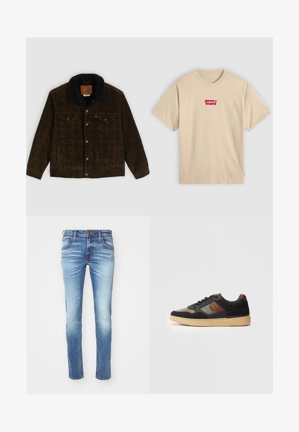 Pruun corduroy jakker musta fliisist kraega, kahe rinna tasku, hõbedaste nööpidega ja sildiga kaela sisekülje peal. Pehme tekstuuriga kangas.; Beež puuvillane T-särk ringkraega ja lühikeste varrukatega. Ees on punane Levi'si logo. Lihtne, klassikaline lõige.; Heledad sinine denim teksad, tuhmumise disainiga, sirge sääre lõige, viie-tasku stiil, metallnööp ja kontrastsed õmblused.; Mustad ja pruunid madalad spordijalatsid beeži tallaga, paeltega ja külgmise brändimisega, valgel taustal.