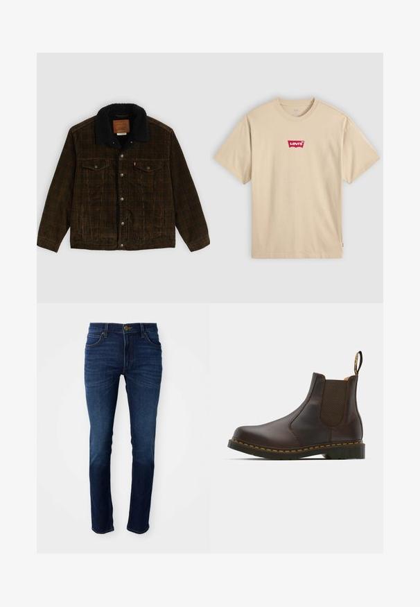 Barna kordbársony dzseki fekete bolyhos gallérral, két mellzsebbel, ezüstgombokkal és címkével a belső nyakon. Puha textúrájú anyag.; Beige színű pamut póló kerek nyakkivágással és rövid ujjakkal. A mellkasán piros Levi's logó található. Egyszerű, klasszikus fit.; Sötétkék farmernadrág klasszikus egyenes szabású fazonban, gombos záródással és öt zsebbel. Az anyag sima textúrájú.; Barna bőr Chelsea csizma elasztikus oldalsó panelekekkel, texturált sarokkal és kontrasztos sárga varrással. Könnyű felhúzást segítő fülekkel rendelkezik.