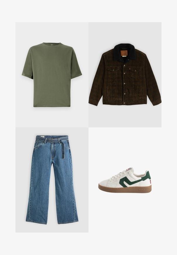 Barna kordbársony dzseki fekete bolyhos gallérral, két mellzsebbel, ezüstgombokkal és címkével a belső nyakon. Puha textúrájú anyag.; Olajzöld, rövid ujjú pamut póló, kerek nyakkal és laza szabással. Sima textúra, további minták vagy díszítések nélkül.; Kék farmer széles szárú nadrág, hozzáépített övvel, elülső zsebekkel és látható varrással, sima világos háttéren.; Fehér bőr sportcipő zöld velúr részletekkel, gumitalppal, lekerekített orral és feltűnő logóval a sarkon és a nyelvén.