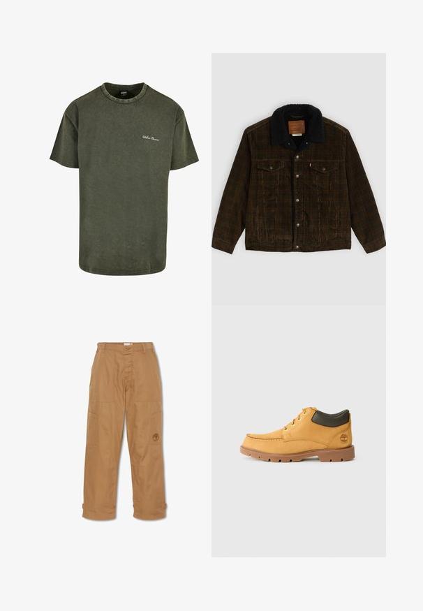 Brun kordfløjl jakke med en sort fleecekrave, to brystlommer, sølvknapper og et mærke på indersiden af halsen. Blødt tekstureret stof.; Oliven grøn bomulds t-shirt med korte ærmer, rund halsudskæring og subtilt slidt tekstur. Har hvid "Urban Classics" broderi på brystet.; Khaki arbejdsbukser, lavet af slidstærkt stof, har flere lommer, knaplukning og broderet logo på låret.; Gul læder sko med brun gummisål, rund tå og grøn læderdetalje ved anklen. Har guldøjer og stikningsdetaljer.