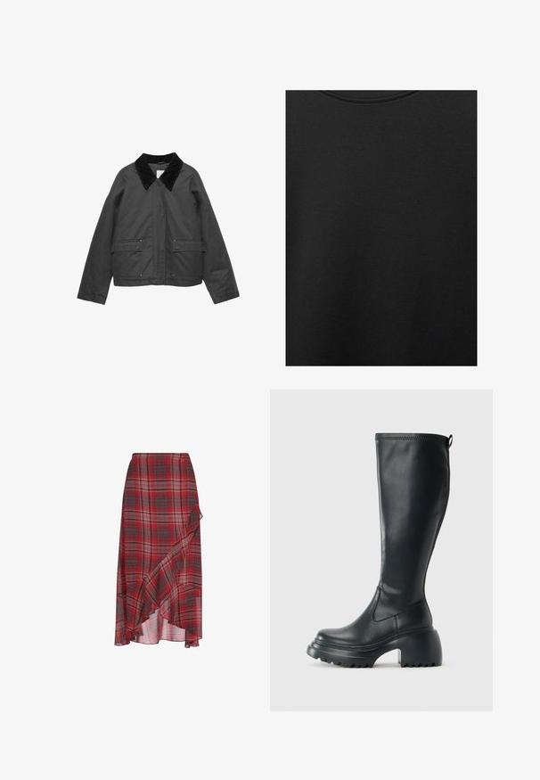 Crna jakna s ukošenim ovratnikom, dva prednja džepa i opušteni kroj. Tkanina izgleda glatko s blagim sjajem.; Crni pamučni materijal s glatkom teksturom i okruglim izrezom, s nježnim, ravnomjernim uzorkom. Nema vidljivih logotipa ili akcenata.; Crvena karirana suknja od laganog materijala, s volanima na rubu i asimetričnim dizajnom. Uključuje nijanse sive i bijele u uzorku.; Visoke crne kožne čizme s debelim platformskim đonom i blok petom, s patentom za povlačenje i teksturiranim uzorkom na potplatu.