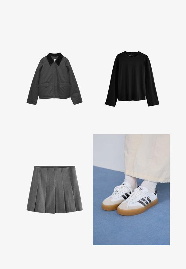 Schwarze Jacke mit einem Cordkragen, zwei vorderen Taschen und einer lockeren Passform. Der Stoff wirkt glatt mit einem leichten Schimmer.; Schwarzes Langarm-T-Shirt aus weicher Baumwolle. Mit Rundhalsausschnitt, lockerer Passform und minimalistischem Design ohne Muster oder Verzierungen.; Grauer, plissierter Rock aus weichem Stoff mit gleichmäßig verteilten Falten und einem Bund für eine figurbetonte Passform.; Weiße Sneaker mit schwarzen Streifen und beigen Wildlederakzenten. Besitzen eine strukturierte Gummisohle und flache weiße Schnürsenkel, getragen mit hellen Socken.