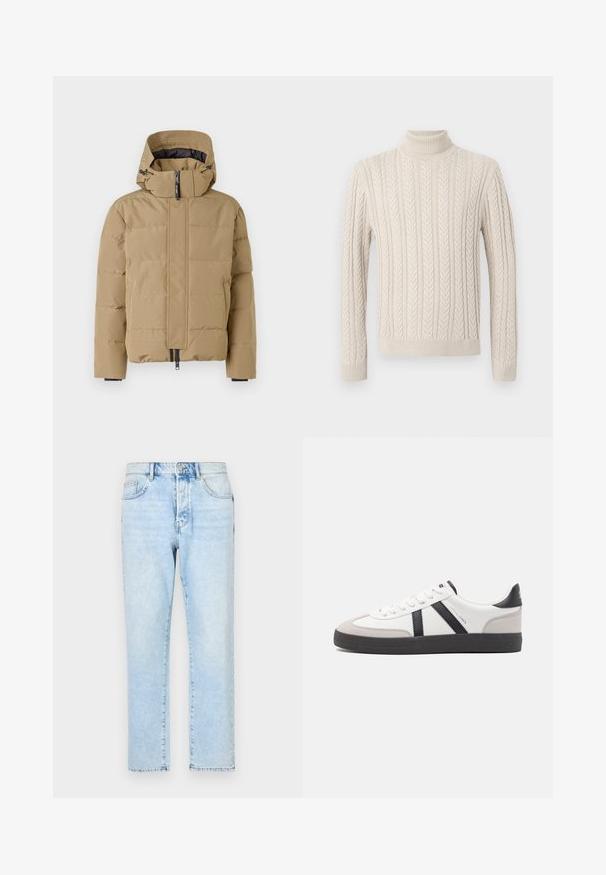 Beež puffer-jakk, millel on eemaldatav kapuuts, lukuga eesmine osa ja õmblustatud paneelid. Omab elastseid mansette ja sujuvat välispinda.; Beige, kootud sviiter kõrge soonikuline kaelus. Omab tekstuuriga nöörmustrit ning soonikuid varrukaid ja alumist äärt, pakkudes hubast välimust.; Heledad sinine denimpüksid otse jalgade disainiga, pleekinud tekstuuriga ja traditsioonilise viie tasku stiiliga. Ees lukk ja nupuga kinnitatud.; Valged tossud mustade ja hallide aktsentidega, tekstureeritud halli varbakattega, musta kummitald ja lamedad valged paelad. Puhtad jooned, minimalistlik stiil.