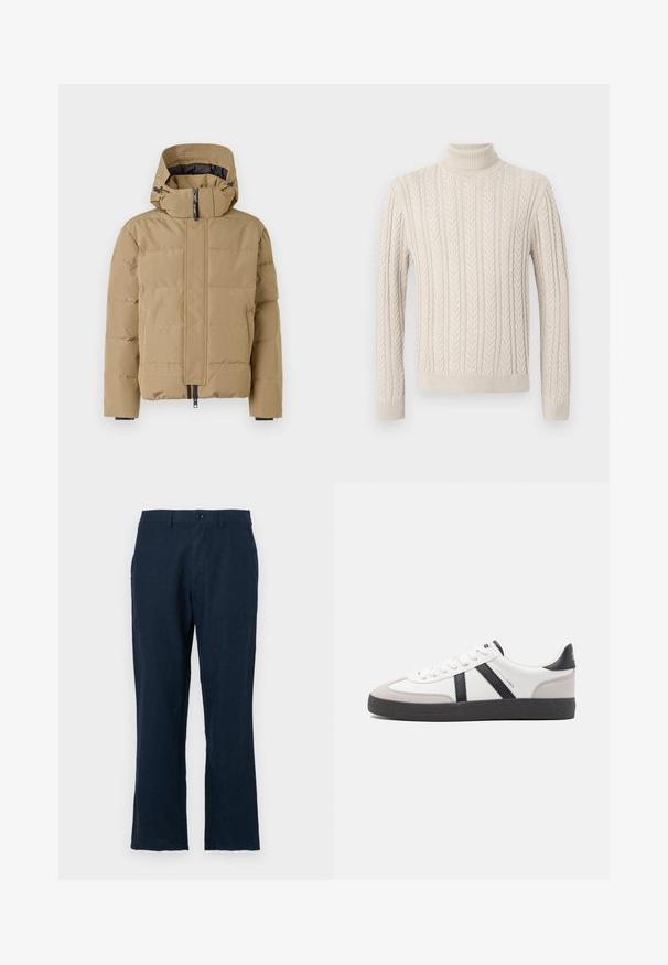 Beige puffjacka med avtagbar huva, dragkedja fram och sydda paneler. Har elastiska ärmmuddar och en slät yta.; Beige, stickad tröja med hög, ribbad polokrage. Har ett strukturerat kabelmönster och ribbade mudd och nederkant, vilket ger ett mysigt utseende.; Mörkblå linbyxor med rak passform, knäppning och vanliga fickor. Tyget har en slät textur och minimal detaljer.; Vit sneaker med svarta och grå accenter, med en strukturerad grå tådel, svart gummisul, och platta vita skosnören. Ren design, minimalistisk stil.