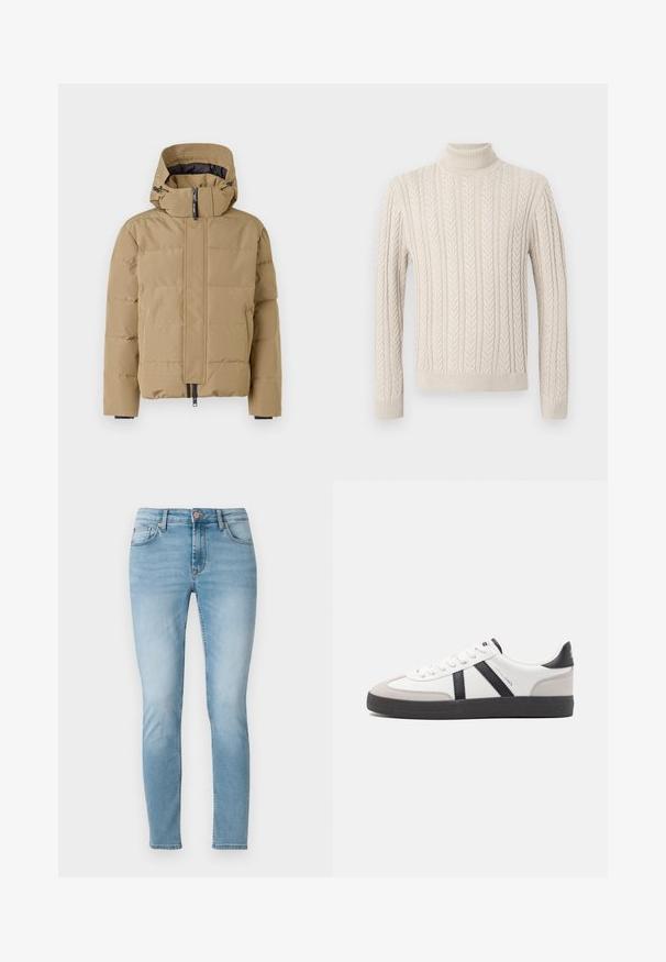 Beige puffer jacket with a detachable hood, zippered front, and stitched panels. Features elastic cuffs and a smooth exterior finish.; Beige, knitted sweater with a high, ribbed turtleneck. Features a textured cable pattern and ribbed cuffs and hem, offering a cozy appearance.; Light blue skinny jeans made of denim, featuring a mid-rise waist, five pockets, and subtle fading on the thighs. Button closure at waistband.; White sneaker with black and gray accents, featuring a textured gray toe cap, black rubber sole, and flat white laces. Clean design, minimalist style.