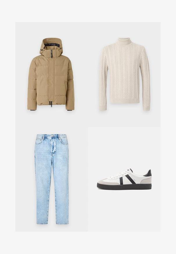 Veste doudoune beige avec une capuche amovible, une fermeture éclair à l'avant et des panneaux cousus. Elle possède des poignets élastiques et une finition extérieure lisse.; Pull en tricot beige avec un col roulé haut et côtelé. Présente un motif en maille torsadée texturé et des poignets et ourlet côtelés, offrant une apparence chaleureuse.; Jeans en denim bleu clair avec une coupe droite, comportant cinq poches et une fermeture à boutons. Texture usée avec des zones décolorées.; Baskets blanches avec des accents noirs et gris, présentant un embout texturé gris, une semelle en caoutchouc noir et des lacets plats blancs. Design épuré, style minimaliste.