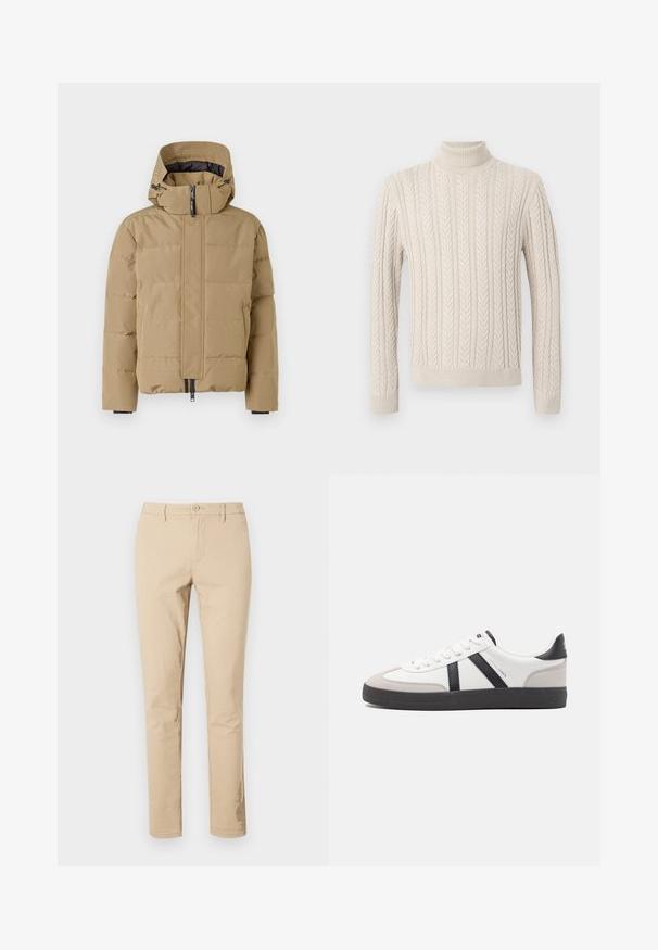 Giacca a vento beige con cappuccio removibile, chiusura frontale con zip e pannelli cuciti. Presenta polsini elasticizzati e una finitura esterna liscia.; Maglione beige lavorato a maglia con un alto collo a costine. Presenta un motivo a treccia testurizzato e polsini e orlo a coste, offrendo un aspetto accogliente.; Pantaloni in cotone beige con vestibilità classica, chiusura con zip e bottone, passanti per cintura e orli puliti. Nessun motivo o dettaglio visibile.; Sneaker bianco con accenti neri e grigi, dotata di una punta grigia testurizzata, suola in gomma nera e lacci bianchi piatti. Design pulito, stile minimalista.