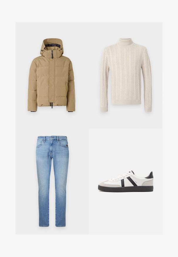 Beige dunsjakke med avtagbar hette, glidelås foran og sømde paneler. Har elastiske mansjetter og en glatt utvendig overflate.; Beige, strikket genser med høy, ribbestrikket turtleneck. Har et strukturert mønster med kabel og ribbestrikkede mansjetter og kant, som gir et koselig utseende.; Lys blå denim jeans med rett ben-design, med fem lommer, metallknapp og subtile falmingsdetaljer på lårene.; Hvite sneakers med svarte og grå detaljer, med en teksturert grå tåhette, svart gummisåle, og flate hvite lisser. Rent design, minimalistisk stil.