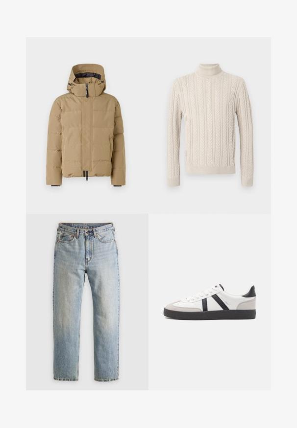 Šviesiai rudos spalvos pūkinė striukė su nuimamu kapišonu, užtrauktuku priekyje ir siūlėmis. Funkcijos - elastingi rankogaliai ir lygus paviršius.; Šviesiai ruda, megzta palaidinė su aukštu, raukšlėtu golfu. Pasižymi tekstūriniu kabelio raštu ir raukšlėtomis rankogaliais bei apačia, suteikiančia jaukų išvaizdą.; Šviesiai mėlynos džinsinės kelnės su aukštu liemeniu, priekyje mygtukas, užtrauktukas ir penkių kišenių dizainas, išklotos ant neutralios fono.; Balti sportbačiai su juodais ir pilkais akcentais, pasižymintys tekstūruotu pilku pirštų dangteliu, juoda gumine padais ir plokščiomis baltomis raišteliais. Švarus dizainas, minimalistinis stilius.