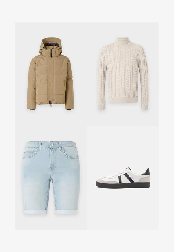 Beige dunsjakke med avtagbar hette, glidelås foran og sømde paneler. Har elastiske mansjetter og en glatt utvendig overflate.; Beige, strikket genser med høy, ribbestrikket turtleneck. Har et strukturert mønster med kabel og ribbestrikkede mansjetter og kant, som gir et koselig utseende.; Lyseblå denimshorts med oppbrett i kanten, klassisk fem-lomme design og frontlukking med knapp. Glatt tekstur med mild falming.; Hvite sneakers med svarte og grå detaljer, med en teksturert grå tåhette, svart gummisåle, og flate hvite lisser. Rent design, minimalistisk stil.