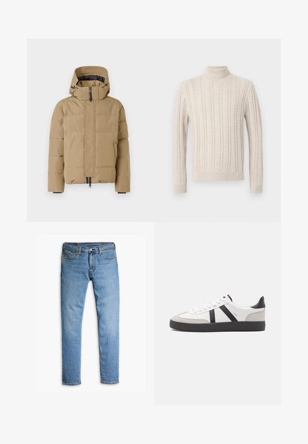 Beige pufi dzseki levehető kapucnival, cipzáras elülső résszel és varrott panelekből áll. Rugalmas mandzsetta és sima külső felület jellemzi.; Beige, kötött pulóver magas, bordázott garbónyakkal. Texturált fonott minta és bordázott mandzsetta valamint alj jellemzi, ami kényelmes megjelenést kölcsönöz.; Világoskék farmernadrág egyenes szárú kialakítással, öt zsebbel, látható varrással és gombos derékkal.; Fehér sneaker fekete és szürke részletekkel, textúrált szürke orr résszel, fekete gumitalppal és lapos fehér fűzőkkel. Tiszta dizájn, minimalista stílus.