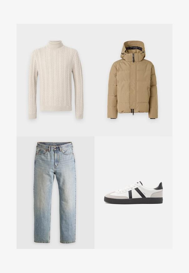 Bežová péřová bunda s odnímatelnou kapucí, zipem vpředu a prošívanými panely. Obsahuje elastické manžety a hladký povrch.; Beige pletený svetr s vysokým, vroubkovaným rolákem. Obsahuje texturovaný kabelkový vzor a vroubkované manžety a lem, což mu dodává útulný vzhled.; Svetle modré džíny z denimu s vysokým pasem, předním knoflíkem, zipem a designem s pěti kapsami, ležící rovně na neutrálním pozadí.; Bílé tenisky s černými a šedými akcenty, opatřené texturovaným šedým prstovým krytem, černou gumovou podrážkou a plochými bílými tkaničkami. Čistý design, minimalistický styl.