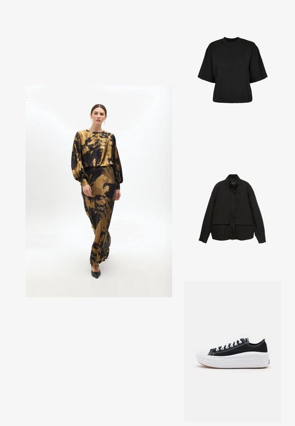 Čierna bunda s vysokým golierom, predným zipsom a dvoma veľkými vreckami na klopu. Vyrobená z hladkej, ľahkej tkaniny s voľným strihom.; Dlhé zlaté a čierne šaty s batikovým vzorom, s uvoľneným strihom, nízkymi batwing rukávmi a elegantnou siluetou. Skombinované s čiernymi špicatými opätkami.; Čierne skrátené tričko z bavlny. Disponuje krátkymi rukávmi a okrúhlym výstrihom. Hladká textúra s jednoduchým dizajnom, bez ďalších vzorov.; Čierne plátenné tenisky s bielymi šnúrkami, bielym gumovým špičkovým krytom a robustnou bielou medzipodrážkou. Obsahujú jemné biele švy a gumenú podrážku.