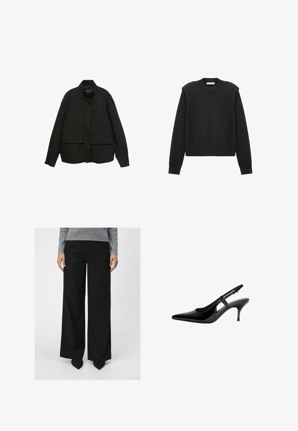 Zwarte jas met een hoge kraag, ritssluiting aan de voorkant en twee grote klepzakken. Gemaakt van een gladde, lichte stof met een relaxte pasvorm.; Donkergrijze, cropped trui met lange mouwen, een ronde halslijn en een gestructureerde afwerking. Eenvoudig ontwerp zonder patronen of versieringen.; Object OBJLISA WIDE - Broek - black; Zwarte gepatenteerde leren slingback pump met puntige neus, open zijuitsparingen, slanke hak en verstelbare enkelband.