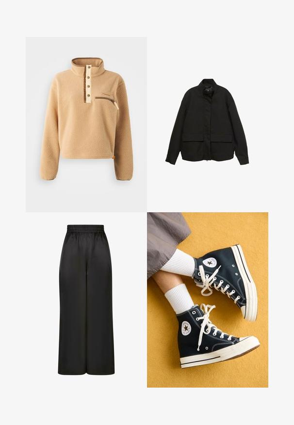 Černá bunda s vysokým límcem, předním zipem a dvěma velkými kapsami na klopy. Vyrobena z hladké, lehké látky s volným střihem.; Béžový fleecový svetr s vysokým límcem, zapínáním na polovinu knoflíku a bočním zipovým kapsou na levé hrudi. Texturovaná tkanina s hnědými akcenty.; Černé široké kalhoty vyrobené z hladké, lesklé látky, s elastickým pasem bez viditelných kapes nebo kovových detailů.; Černé vysoké plátěné tenisky s bílými tkaničkami a gumovou podrážkou, se zaobleným logem Converse All Star na vnější straně.
