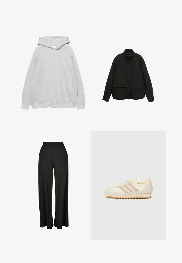 Jachetă neagră cu guler înalt, închidere cu fermoar frontal și două buzunare mari cu clapetă. Fabricată dintr-un material neted, ușor, cu o croială lejeră.; Hanorac cu glugă de culoare gri deschis, cu o textură moale, mâneci raglan și mansete și tiv ribbat. Design simplu, fără grafică sau modele vizibile.; Pantaloni negri cu croială largă, cu textură verticală în dungi și o talie înaltă elastică. Prezentă buzunare laterale și un design fluid al materialului.; Adidași atletici crem cu trei dungi bej, realizati din materiale din suede și textil, cu o talpă texturată și un logo embosat pe toc.