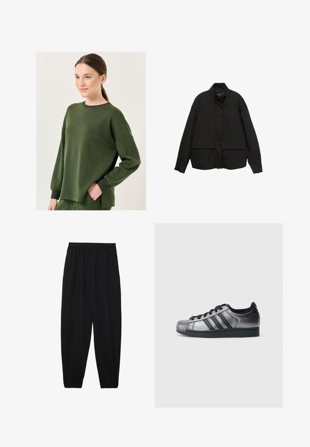 Giacca nera con colletto alto, chiusura frontale con zip e due ampie tasche a patta. Realizzata in un tessuto morbido e leggero con una vestibilità comoda.; Jimmy Key CREW NECK LONG SLEEVED - Felpa - khaki; Pantaloni neri leggeri con vita elastica e caviglie arricciate. Il tessuto è liscio e presenta un design rilassato e affusolato.; Scarpe da ginnastica nere e argento metallico con punta arrotondata, tre strisce nere e tomaia testurizzata. Lacci neri e suola in gomma.