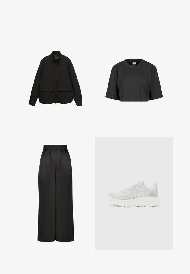 Fekete dzseki magas gallérral, elöl cipzárral és két nagy fedeles zsebbel. Simító, könnyű anyagból készült, laza szabású.; Rövid ujjú, relaxed fit fazonú, pamutból készült fekete cropped póló, bordázott kerek nyakkivágással. Nincs látható mintázat vagy díszítés.; Fekete, bő szárú nadrág, sima, fényes anyagból, rugalmas derékrésszel, látható zsebek vagy fém részletek nélkül.; Könnyű futócipő fehér és világosszürke hálós anyagból, vastag, párnázott talppal és oldalán logóval. Minimalista dizájn, texturált szövettel.