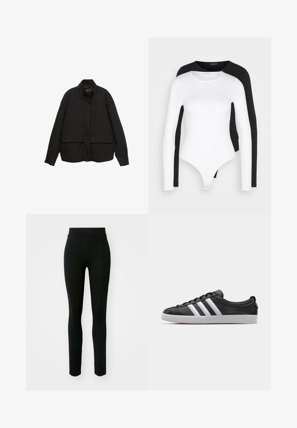 Svart jacka med hög krage, framzippering och två stora fickor med klaff. Tillverkad av ett mjukt, lätt tyg med en avslappnad passform.; Svart och vit långärmad bodysuit med rund hals. Tillverkad av mjukt, elastiskt tyg, med en tanga-liknande botten och åtsittande ärmar.; Svarta leggings i elastiskt material, med hög midja, smal passform och två framfickor utan synliga sömmar.; Svarta lädersneakers med vit tre-stripesdesign, rund tå, platt vit gummisula och varumärkesdetalj på sidan.
