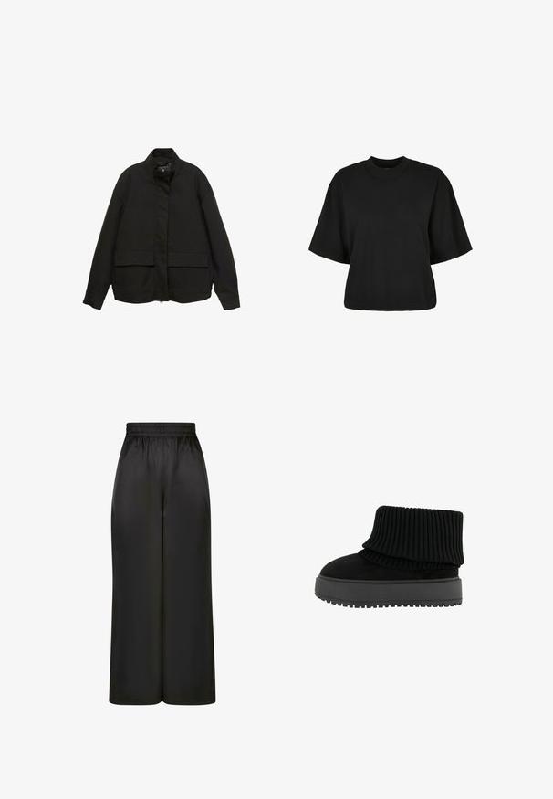 Jachetă neagră cu guler înalt, închidere cu fermoar frontal și două buzunare mari cu clapetă. Fabricată dintr-un material neted, ușor, cu o croială lejeră.; Tricou scurt, negru, din bumbac. Are mâneci scurte și un decolteu rotund. Textură netedă cu un design simplu, fără modele adiționale.; Pantaloni negri cu picioare largi, fabricați dintr-un material neted și lucios, cu un elastic la talie și fără buzunare vizibile sau detalii metalice.; Botine negre la glezna, cu un guler din tricot ribatat și o talpă plată, texturată. Realizate dintr-o combinație de suede și materiale elastice.