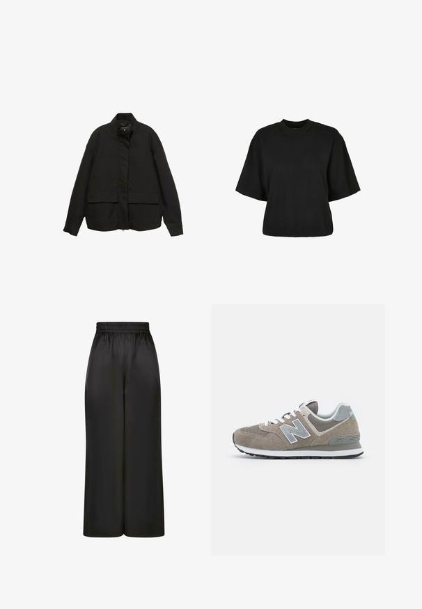 Schwarze Jacke mit hohem Kragen, Frontreißverschluss und zwei großen Klappentaschen. Aus einem glatten, leichten Stoff gefertigt und mit einer lockeren Passform.; Schwarzes, kurz geschnittenes T-Shirt aus Baumwolle. Hat kurze Ärmel und einen runden Halsausschnitt. Glatte Textur mit einem schlichten Design, ohne zusätzliche Muster.; Schwarze, weit geschnittene Hosen aus glattem, glänzendem Stoff mit elastischem Bund und ohne sichtbare Taschen oder Metallteile.; Braune Wildleder-Sneaker mit grauen Netzdetails, weißen Schnürsenkeln und einem grauen 'N'-Logo. Gummisohlen mit leichtem Profil für besseren Halt.