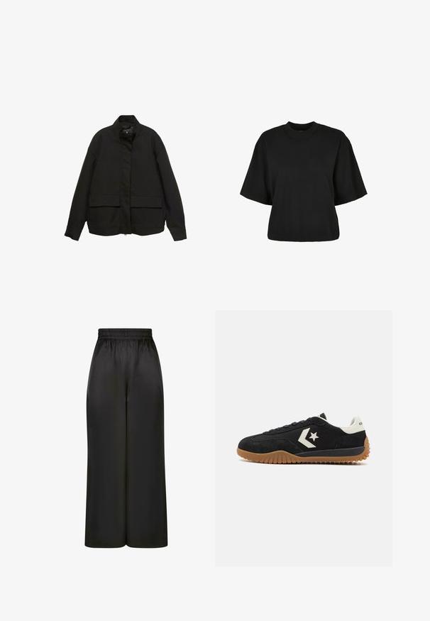 Black jacket with a high collar, front zip closure, and two large flap pockets. Made from a smooth, lightweight fabric with a relaxed fit.; Black cropped t-shirt made of cotton. Features short sleeves and a round neckline. Smooth texture with a simple design, no additional patterns.; Black wide-leg pants made of smooth, shiny fabric with an elastic waistband and no visible pockets or hardware details.; Black suede sneaker with a white leather heel and logo, featuring a textured rubber sole and flat lace design.