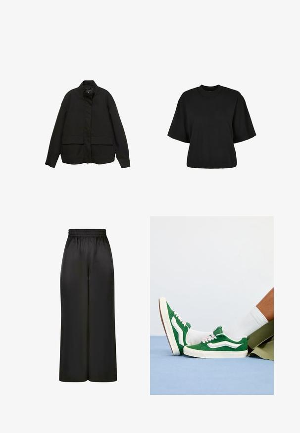 Jachetă neagră cu guler înalt, închidere cu fermoar frontal și două buzunare mari cu clapetă. Fabricată dintr-un material neted, ușor, cu o croială lejeră.; Tricou scurt, negru, din bumbac. Are mâneci scurte și un decolteu rotund. Textură netedă cu un design simplu, fără modele adiționale.; Pantaloni negri cu picioare largi, fabricați dintr-un material neted și lucios, cu un elastic la talie și fără buzunare vizibile sau detalii metalice.; Tenisi din suede verde cu accente albe, sireturi texturate cu detalii roz și o talpă din cauciuc bej, purtați cu șosete albe și șorturi verzi.